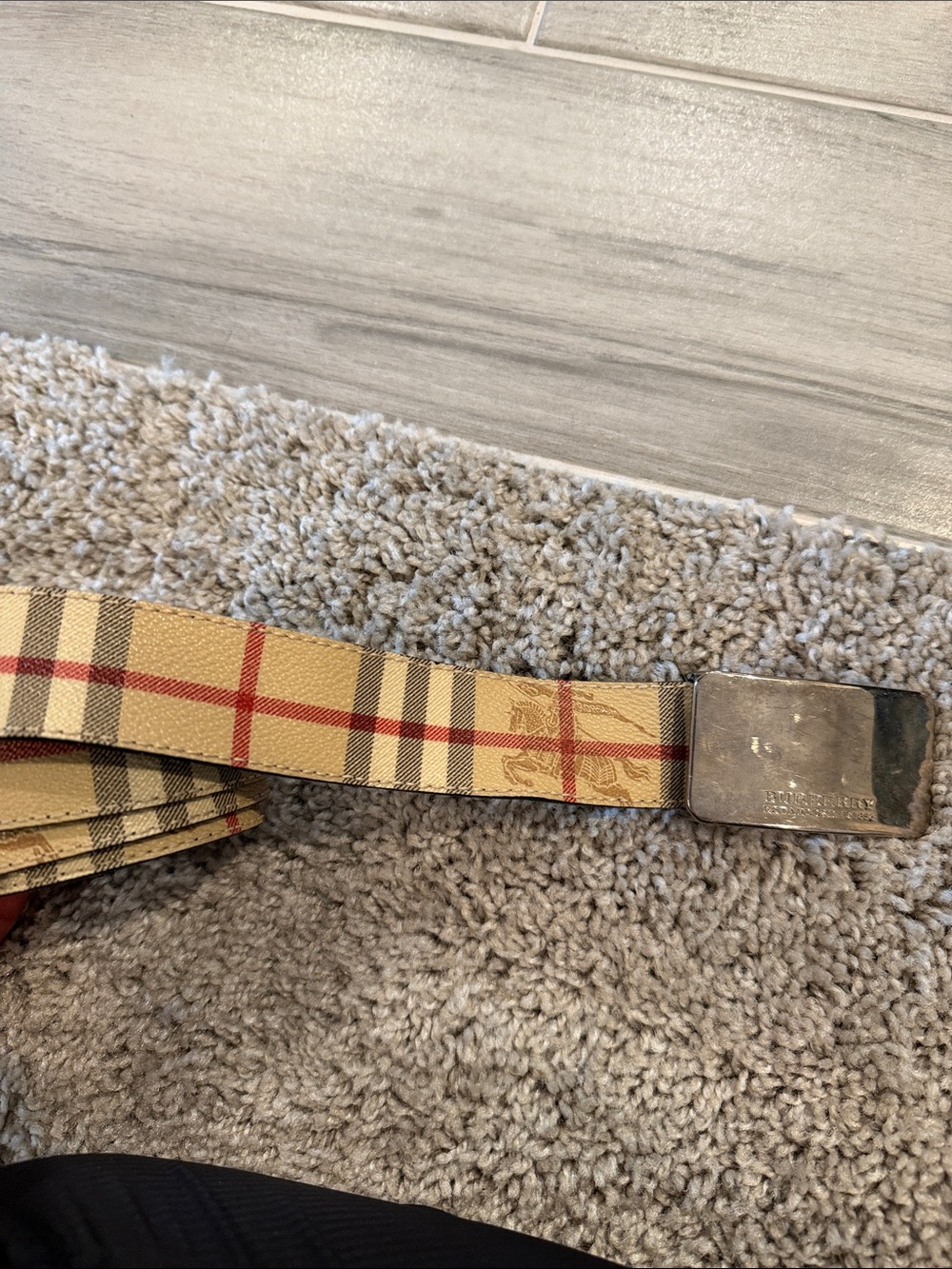 Burberry Classic Nova Check Canvas Belt in Beige and Red with Metal Buckle